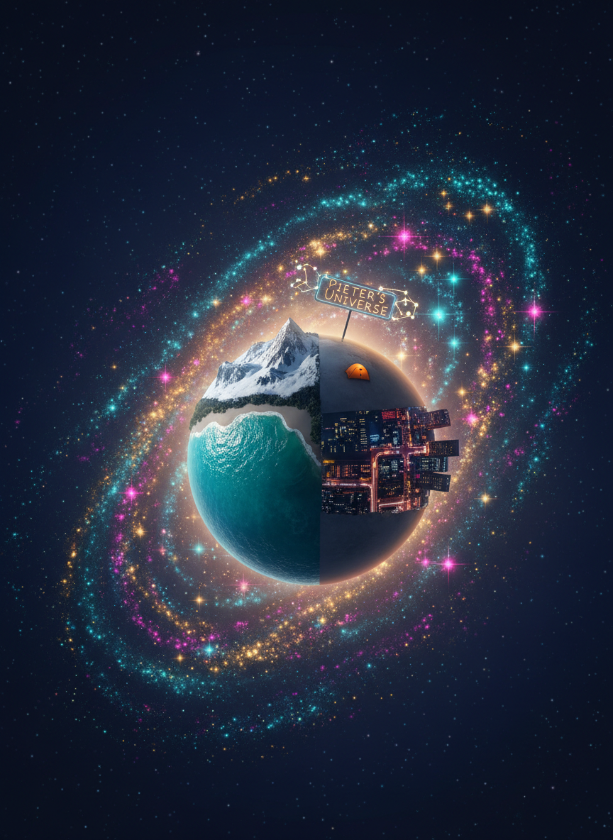 A vividly detailed, swirling galaxy painted across a dark navy night sky, with bright turquoise, magenta, and golden star clusters forming the playful outline of a small planet labeled with a tiny, glowing sign that reads “Pieter’s Universe.” The planet’s surface is patchworked with miniature landscapes: a sparkling ocean cove, a snowy mountain peak with a tiny tent, and a neon-lit city block, all rendered in photographic realism. Soft cosmic light radiates from the galactic core, casting gentle highlights on the planet’s curved surface. Shot from a slightly elevated, wide-angle perspective with a sharp foreground planet and a subtly blurred star field, the mood feels adventurous, imaginative, and welcoming, like an invitation into a personal cosmos of adventures and favorites.