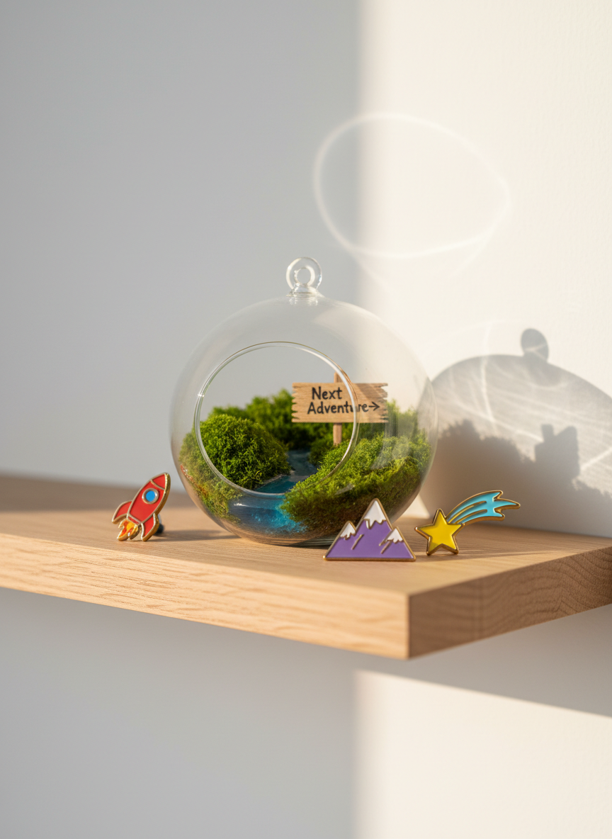 A small, adventurous terrarium in a clear glass sphere, resting on a light oak floating shelf against a clean white wall. Inside, a miniature landscape unfolds in photographic detail: mossy green hills, a tiny blue resin river winding through, and a minuscule painted wooden sign reading “Next Adventure →.” Scattered around the base of the terrarium are a few colorful enamel pins shaped like rockets, mountains, and shooting stars. Soft golden hour sunlight brushes in from the right, creating gentle reflections on the glass surface and casting delicate, circular shadows on the wall. Shot with a close-up, eye-level composition and shallow depth of field, the terrarium is sharply focused while the background shelves blur into soft bokeh, creating a whimsical, hopeful mood perfect for a playful personal adventures site.