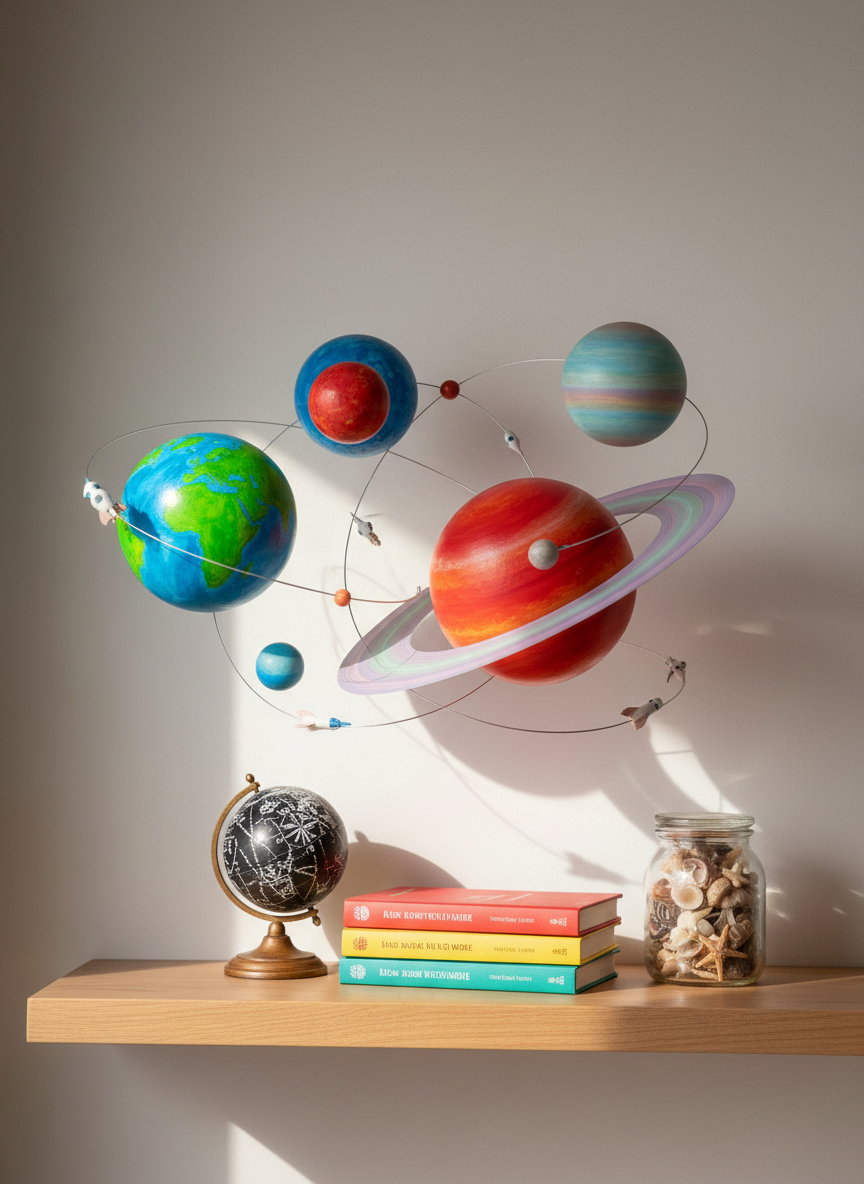 A compact, whimsical model solar system suspended above a light wooden shelf, each planet crafted from smooth, glossy spheres painted in bold, slightly exaggerated colors: electric blue oceans, glowing lava reds, and pastel ringed giants. Tiny rockets and paper airplanes orbit playfully between them on thin wire arcs. Below, the shelf holds a neatly arranged collection of quirky adventure objects: a small globe with doodled routes, a stack of travel guidebooks with bright spines, and a glass jar of collected seashells and smooth pebbles. Soft, diffused morning light enters from the left, creating gentle reflections on the planet surfaces and subtle shadows on the wall. Photographic realism, shot with a centered, slightly low-angle composition, creating a fun, imaginative mood that feels like a personal corner of the universe ready to explore.