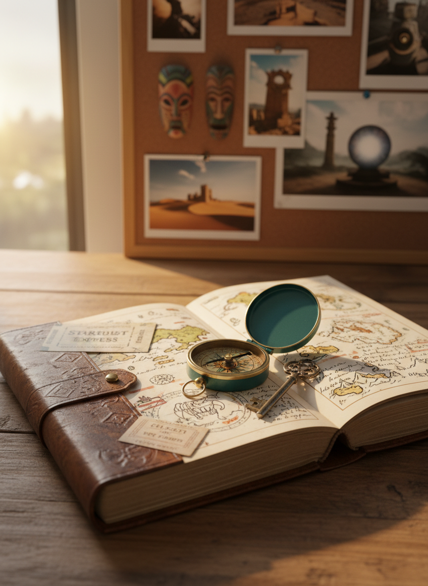 A well-worn adventure journal lying open on a rustic wooden desk, its cream pages filled with colorful hand-drawn maps, tiny doodles of constellations, and taped-in tickets from imaginary places. A bright teal enamel compass and a scratched metal key rest across the pages, suggesting hidden stories. In the background, slightly out of focus, a corkboard holds pinned polaroid-style photos of breathtaking landscapes and quirky objects. Warm late-afternoon sunlight spills through an unseen window, creating golden highlights on the journal’s textured cover and soft shadows along the desk grain. Photographic realism with a cozy, playful atmosphere, captured at eye level with a shallow depth of field, emphasizing curiosity and the promise of new adventures.