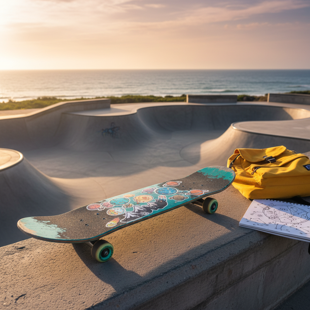 A weathered, teal-painted skateboard resting on a sun-warmed concrete ledge at the edge of a skatepark that overlooks a distant, sparkling ocean horizon. The skateboard deck is covered in sticker art of tiny planets, comets, and mountain peaks, the grip tape scratched from use. Nearby, a bright yellow backpack lies open, revealing a peek of a sketchbook with a hand-drawn universe on the page. Late afternoon golden light stretches long shadows across the curved ramps and highlights the rough texture of the concrete. Photographic realism from a low-angle, slightly wide lens emphasizes the board in the foreground while the ocean and sky softly blur in the background, creating an energetic, youthful, and playful atmosphere that hints at spontaneous, real-world adventures.