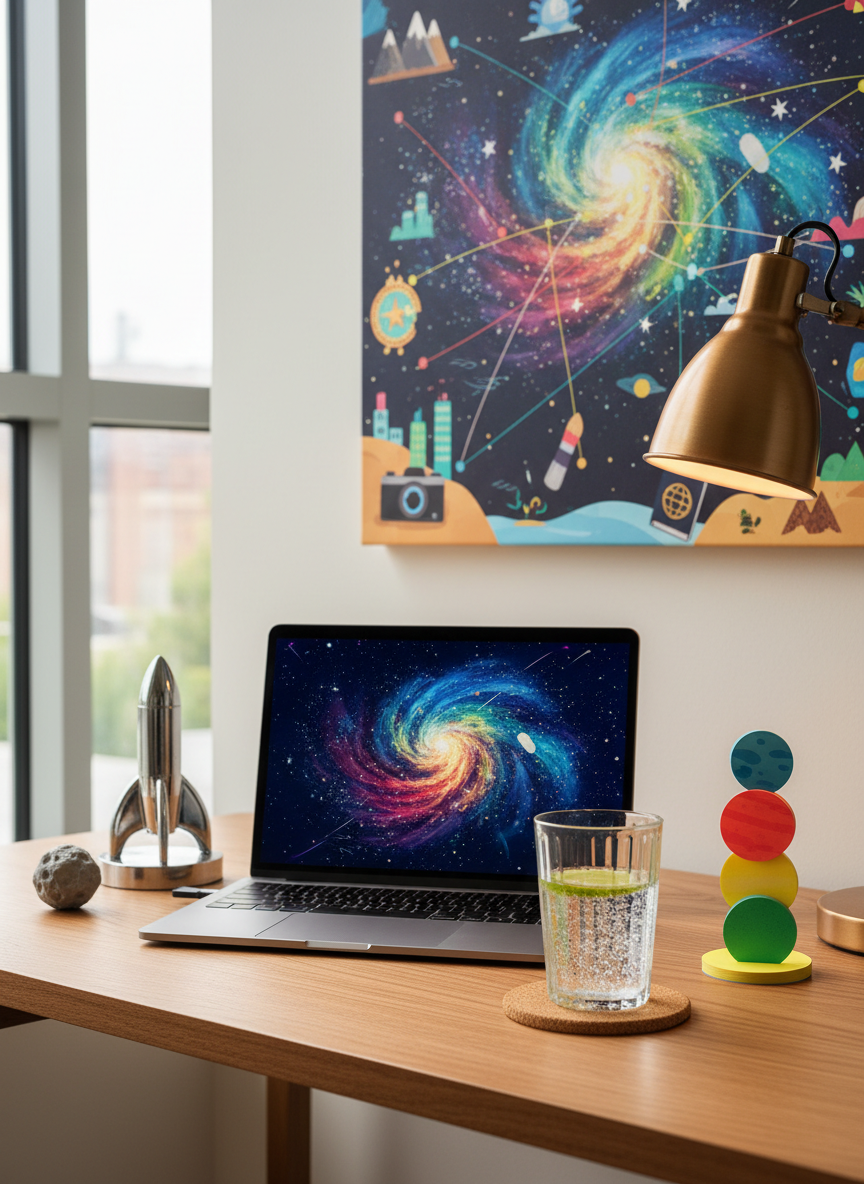 A sleek, modern wooden desk setup styled as “mission control” for life adventures: a slim laptop displaying a colorful, abstract star map, surrounded by playful objects like a miniature rocket figurine, a tiny rubber asteroid, and a stack of brightly colored sticky notes shaped like planets. A cork coaster holds a transparent glass of sparkling water with a slice of lime, tiny bubbles catching the light. Behind the desk, a large wall poster shows a stylized universe map with dotted lines connecting dream destinations and hobby icons. Natural daylight from a nearby window mixes with a warm desk lamp, creating a balanced, inviting glow. Photographic realism from a slightly elevated angle, with moderate depth of field, conveys a productive yet playful atmosphere where planning new adventures feels fun and personal.